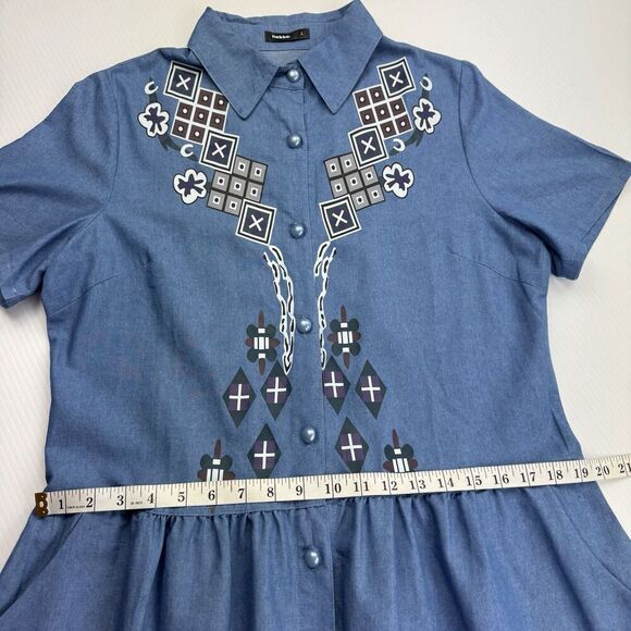 Hekka Blue Chambray Shirt Dress Size Large Printed Pleated Boho Button Down - Picture 6 of 8